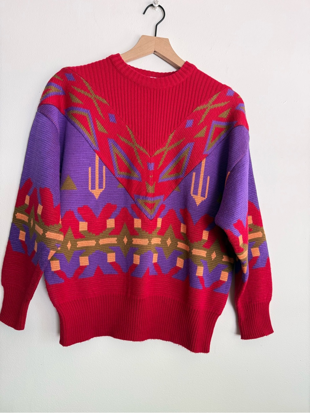 Bogner Red Ski Sweater 80s Vintage  Geometric Intarsia Knit Aztec Apres Ski M
